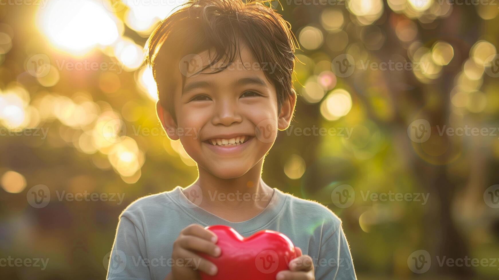 poco ragazzo Tenere un' rosso cuore e sorridente nel il parco con luce del sole foto