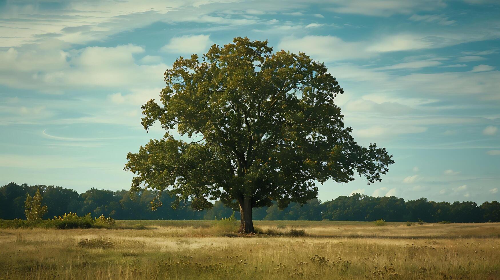 solitario verde quercia albero nel il campo foto