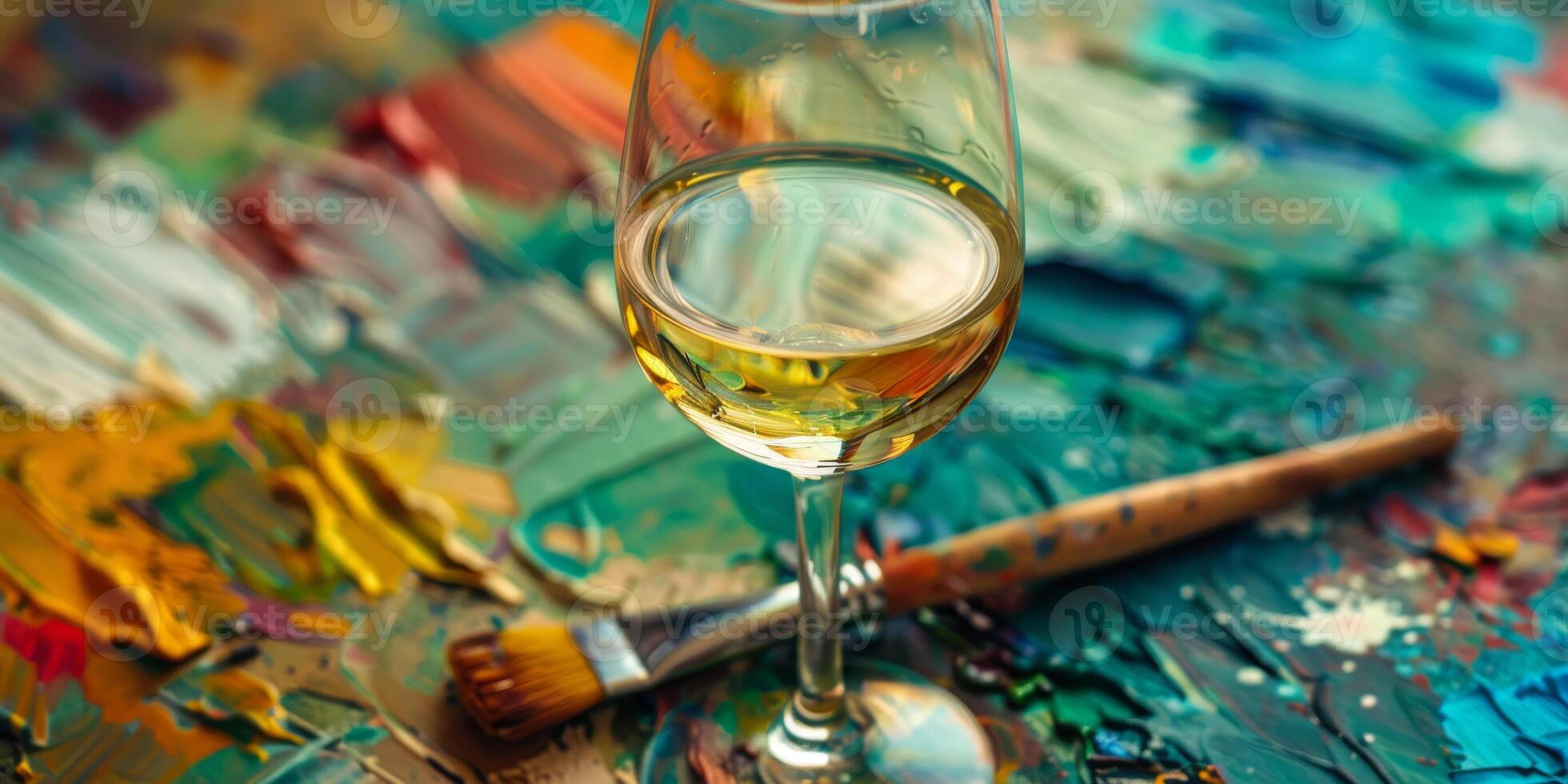 elegante bicchiere di bianca vino su vivace del pittore tavolozza foto