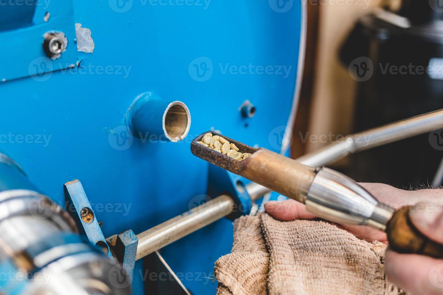 lavoratore del raccolto che controlla i chicchi nella torrefazione del caffè foto