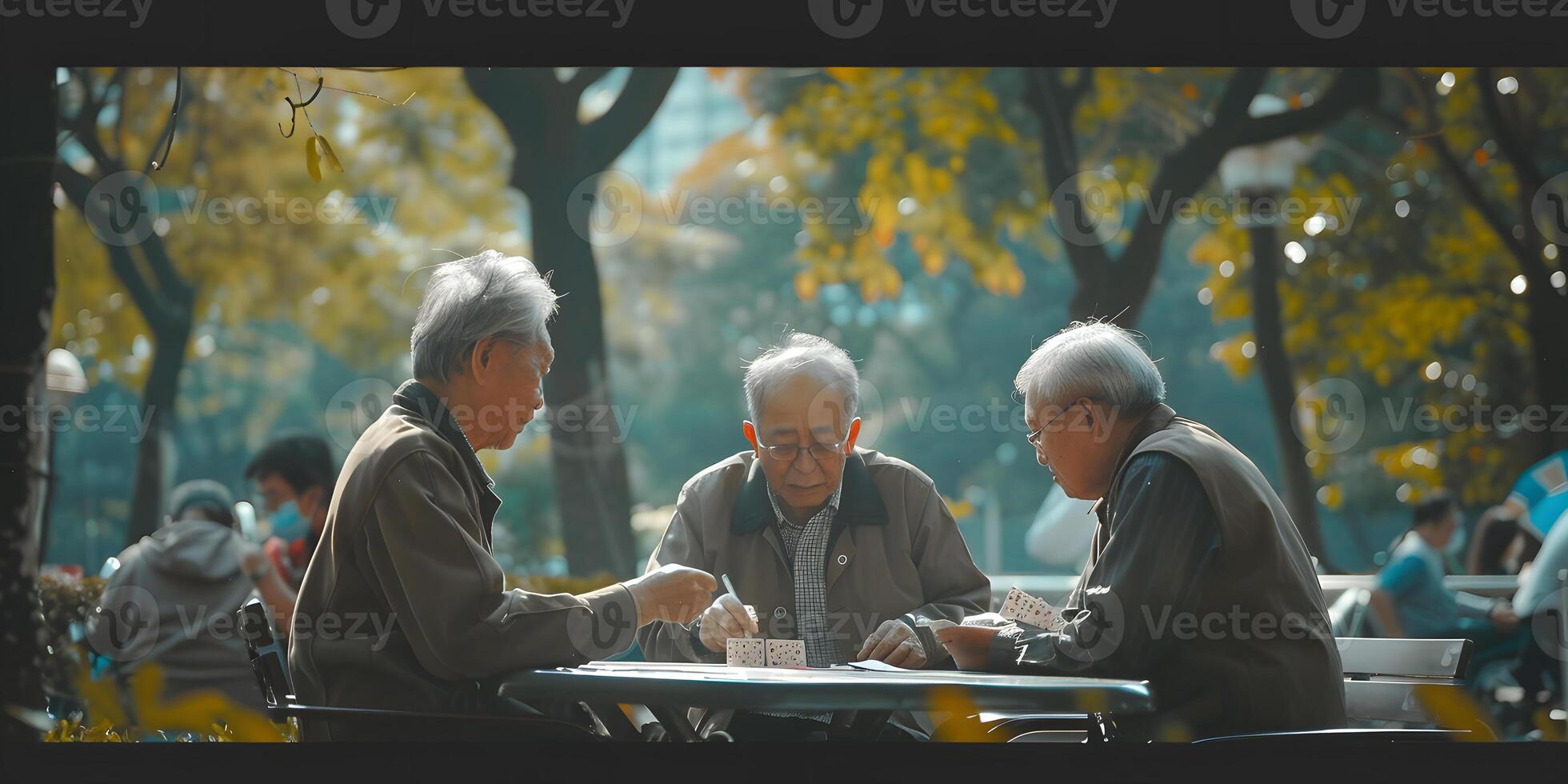 ai generato anziano uomini giocare scacchi su un' panchina nel città parco. foto