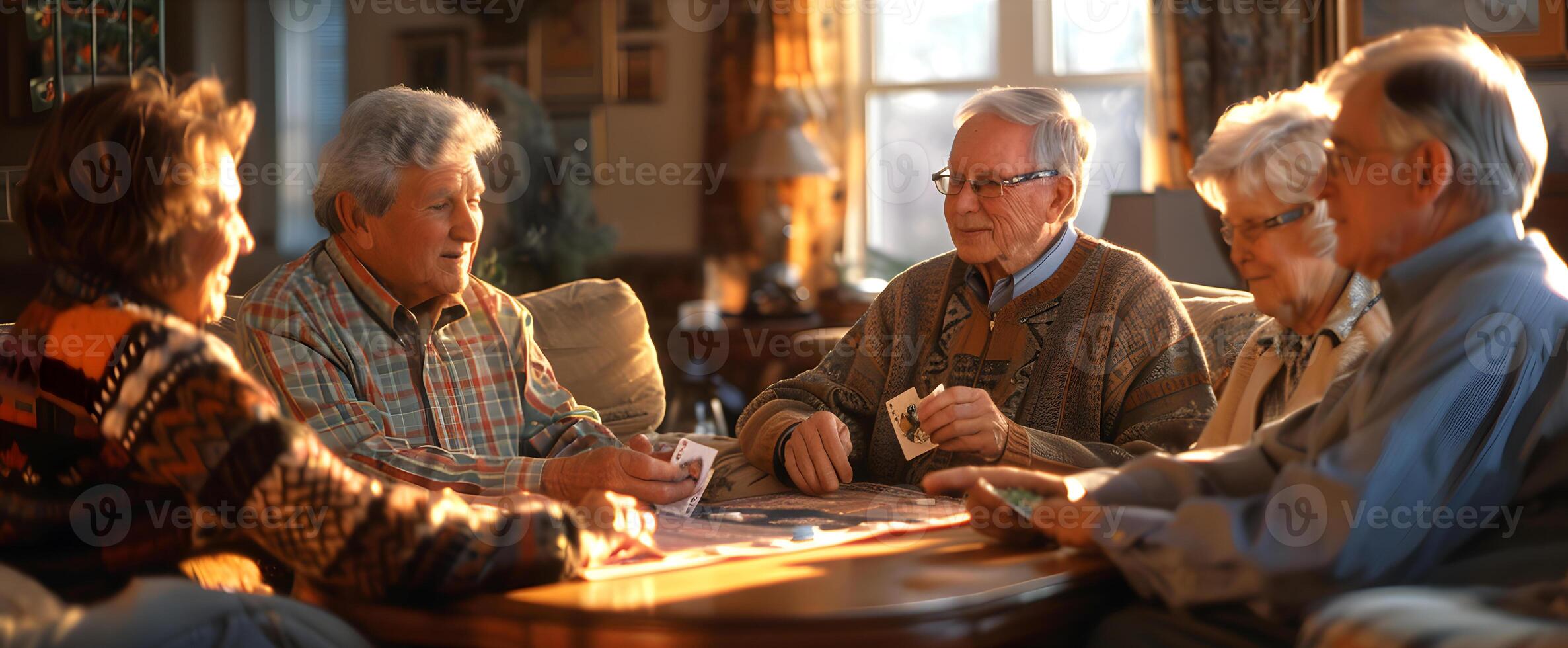 ai generato anziano uomo come un' pensionato mentre giocando carte con amici a casa o a la pensione casa foto