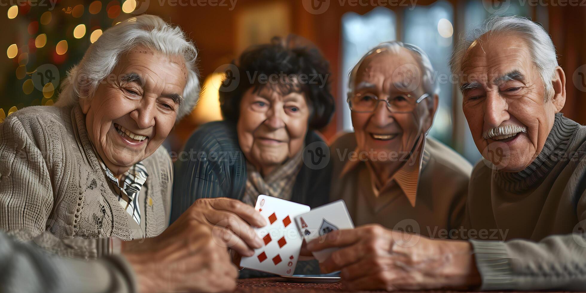 ai generato anziano uomo come un' pensionato mentre giocando carte con amici a casa o a la pensione casa foto