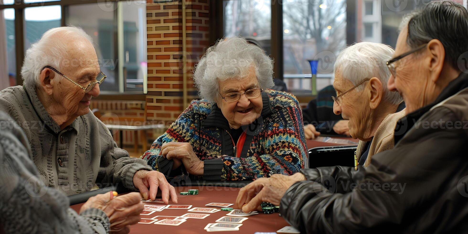 ai generato gruppo di gli anziani giocando carte nel il la pensione Casa foto