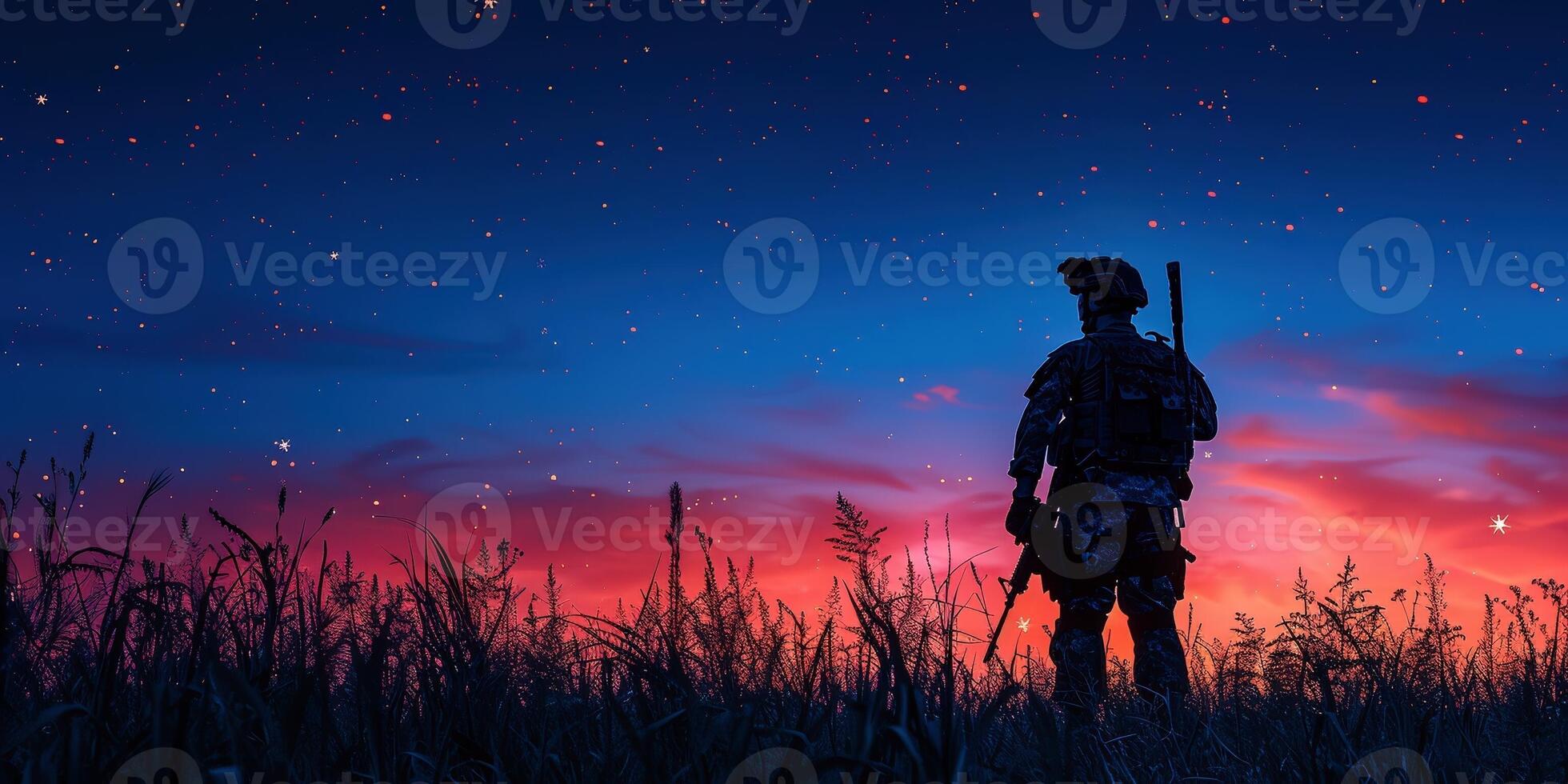 ai generato silhouette di militare cecchino con cecchino pistola a buio tonica nebbioso sfondo. sparo, Tenere pistola, colorato cielo, sfondo. foto