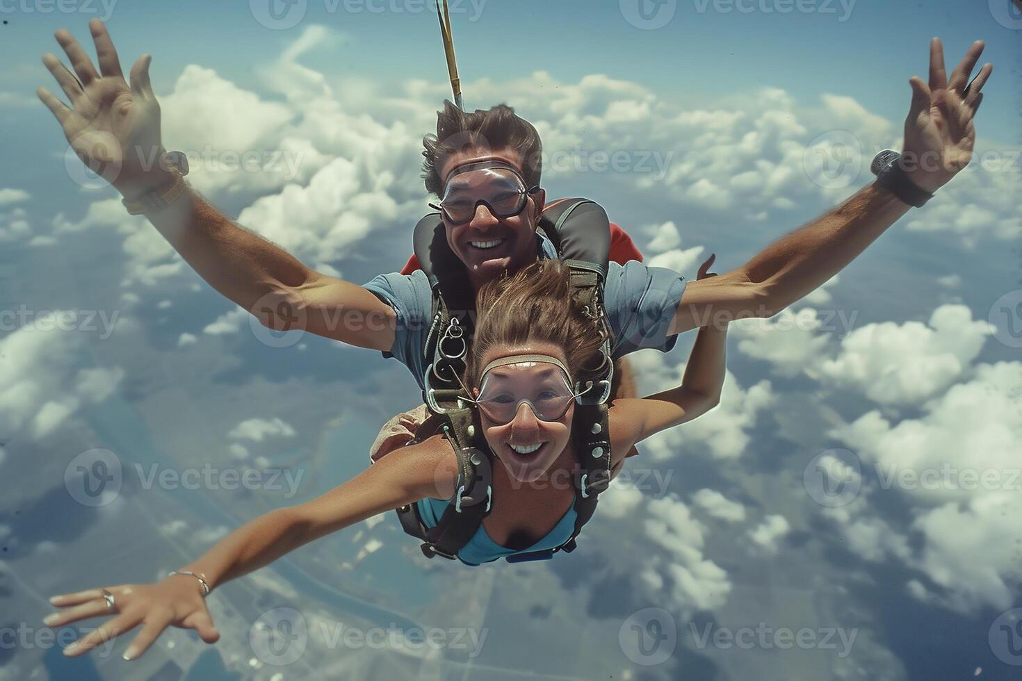 ai generato bella donna è volante tandem skydive nel il cielo. foto