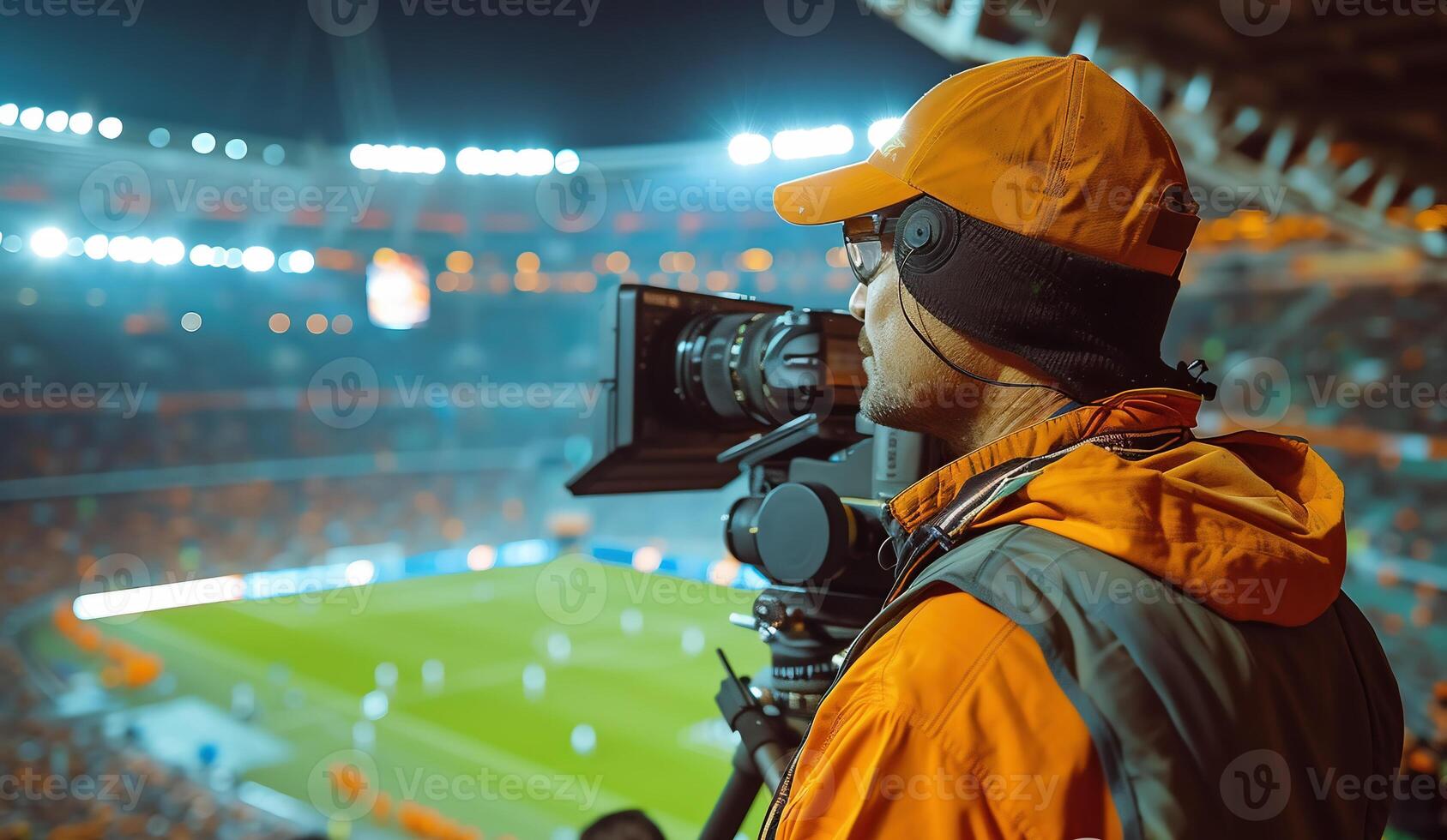ai generato tv telecamera a il stadio durante calcio partite. televisione telecamera durante il calcio incontro foto