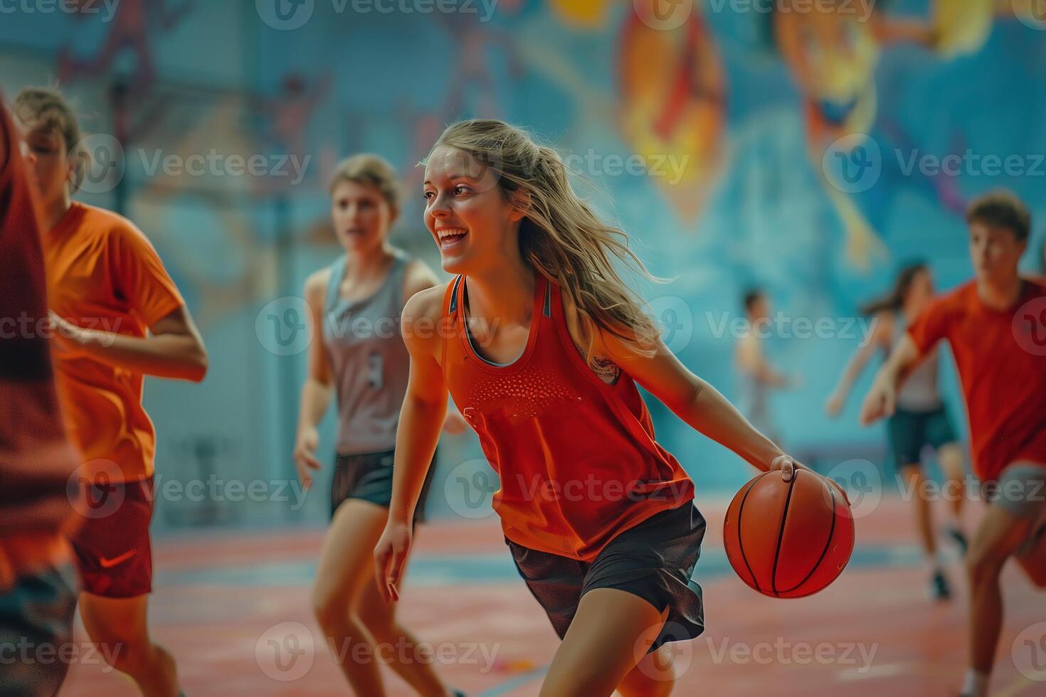 ai generato ragazza giocare pallacanestro sport torneo foto