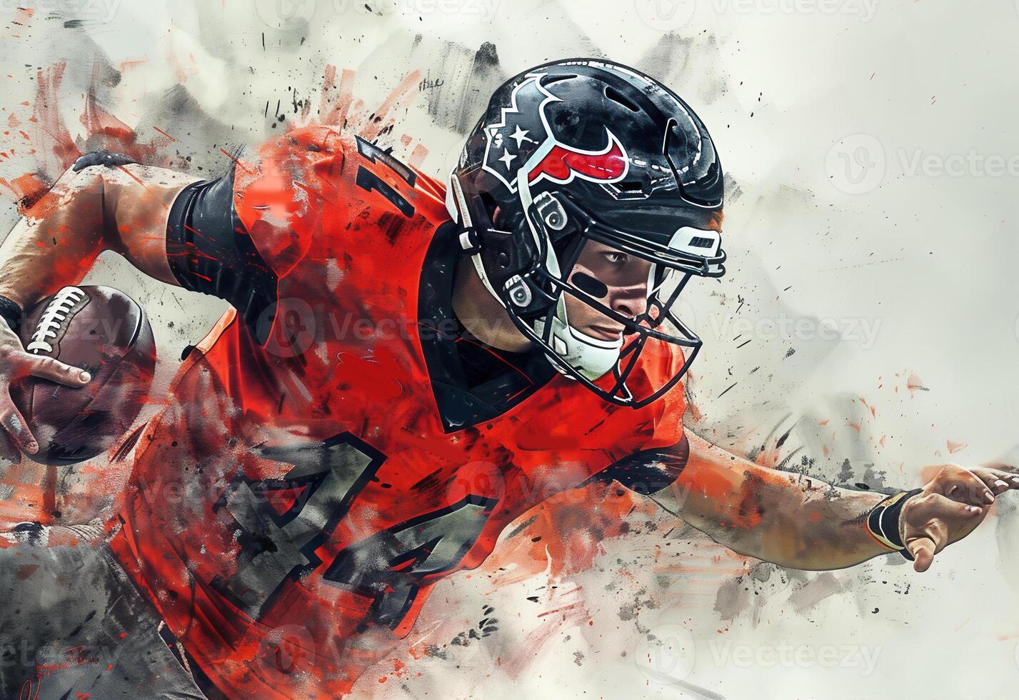 ai generato disegno di un nfl giocatore con un' palla e un' casco su un' colorato sfondo. per il tuo design foto