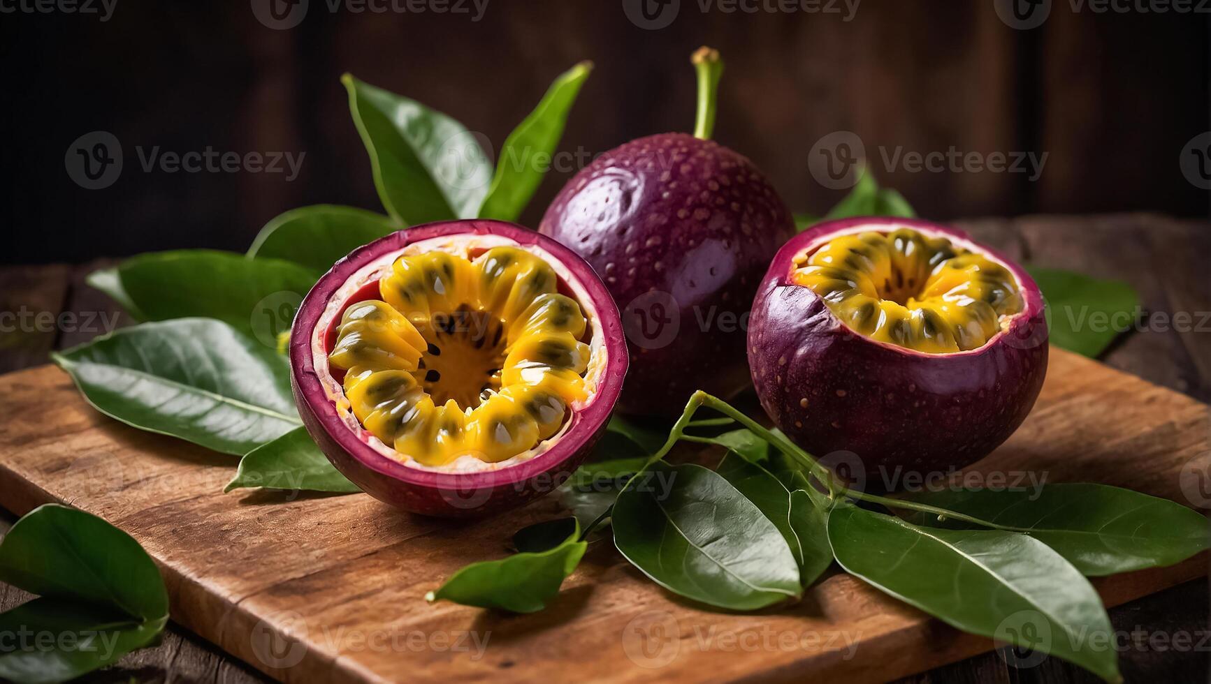 maturo biologico passione frutta su di legno sfondo foto