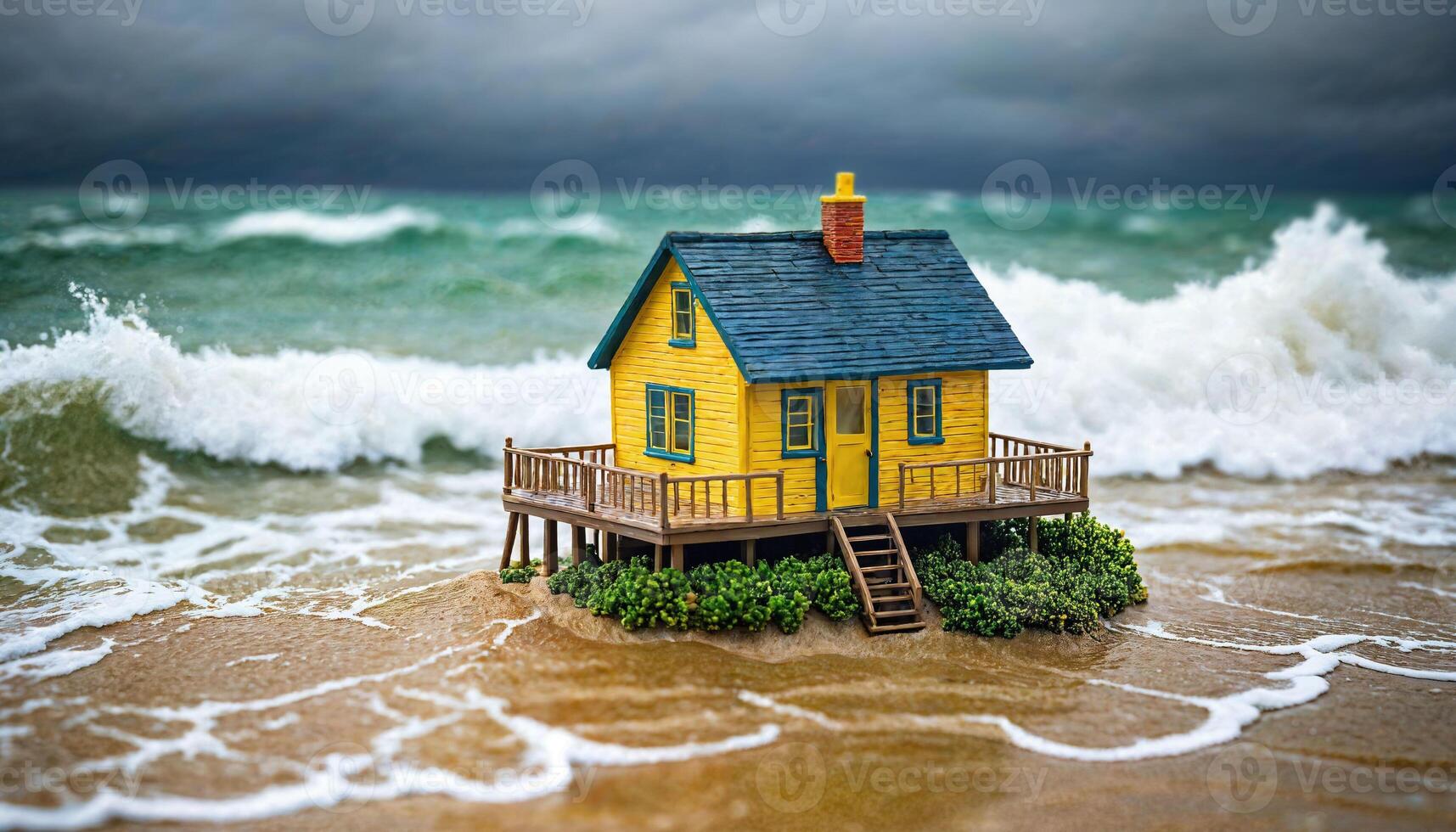 miniatura scena di minuscolo Casa di sabbia spiaggia isola, foto