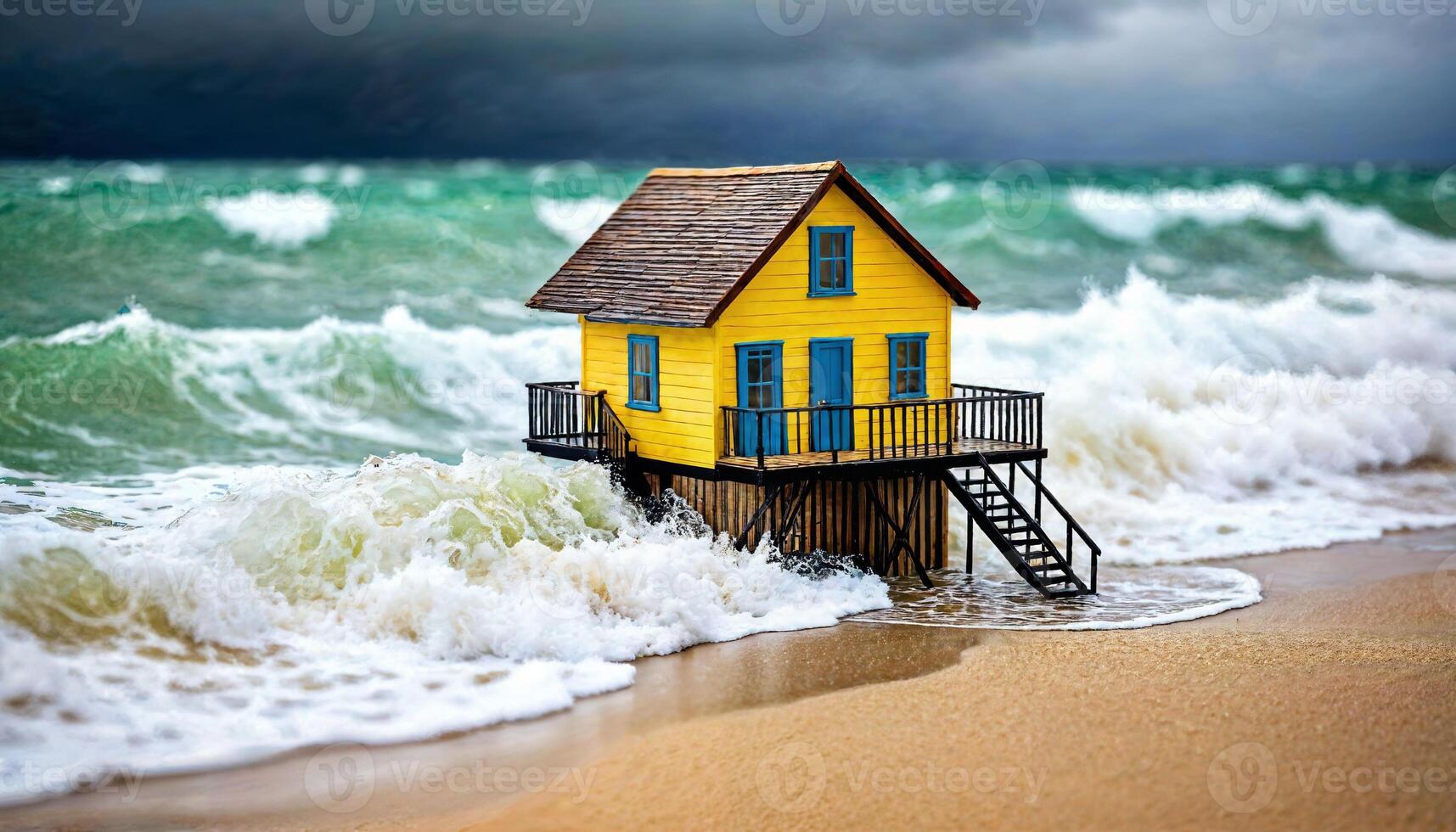 miniatura scena di minuscolo Casa di sabbia spiaggia isola, foto