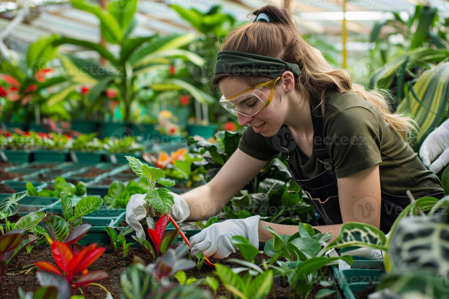 ai generato femmina botanico controllo pianta nel giardino foto