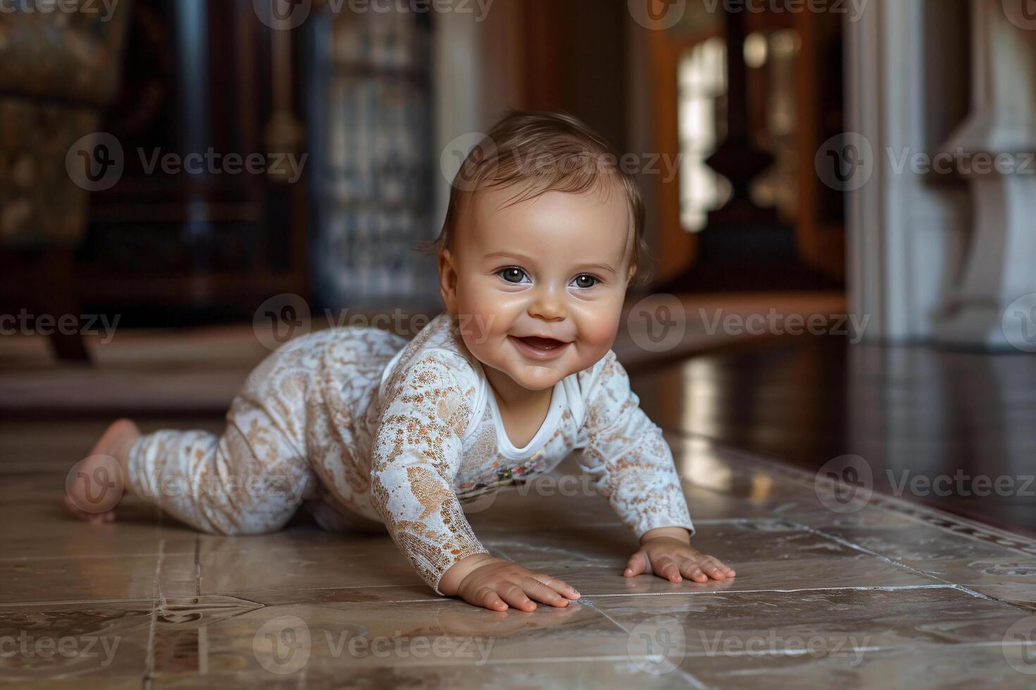 ai generato bambino strisciando su il pavimento foto