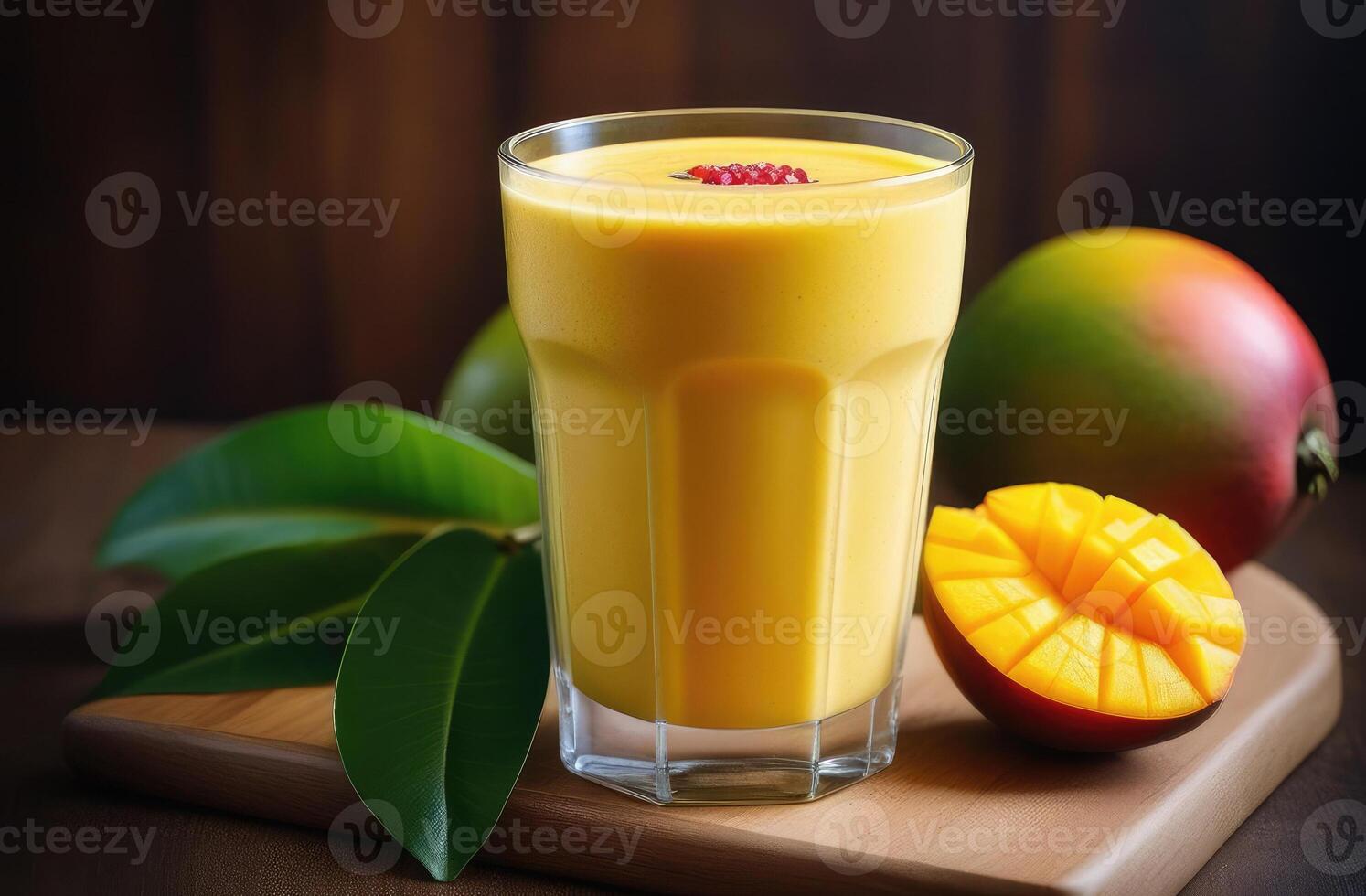 ai generato frullato con Mango e papaia, impostato su di legno tavolo. essenza di tropicale vacanza, gusto di Paradiso. ideale per viaggio opuscoli, cocktail menu, sociale media messaggi foto