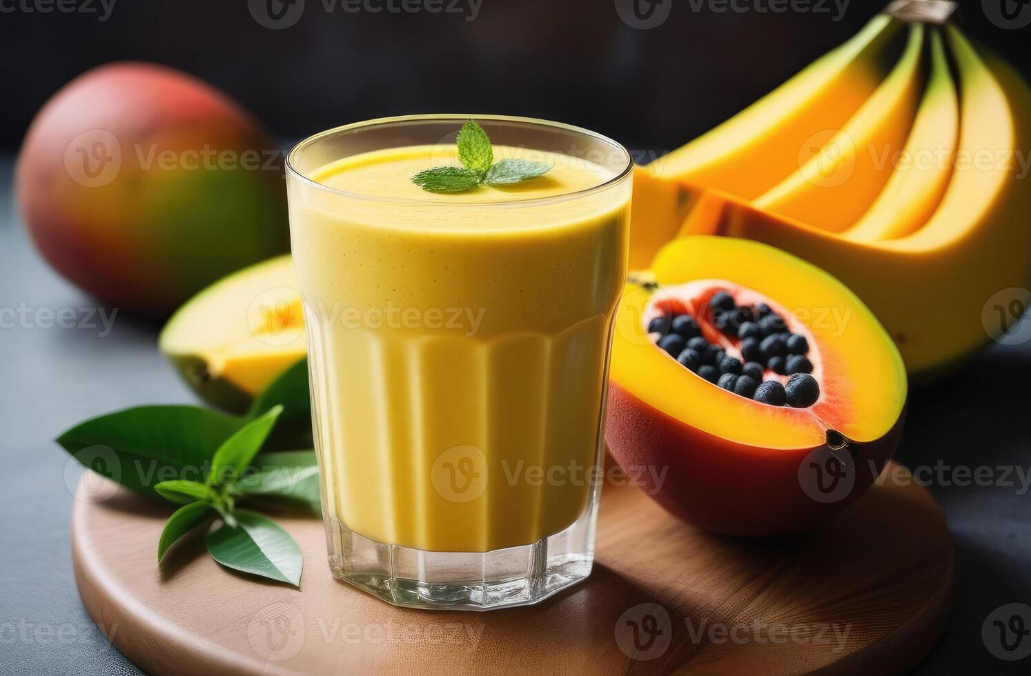 ai generato frullato con Mango e papaia, impostato su di legno tavolo. essenza di tropicale vacanza, gusto di Paradiso. ideale per viaggio opuscoli, cocktail menu, sociale media messaggi foto