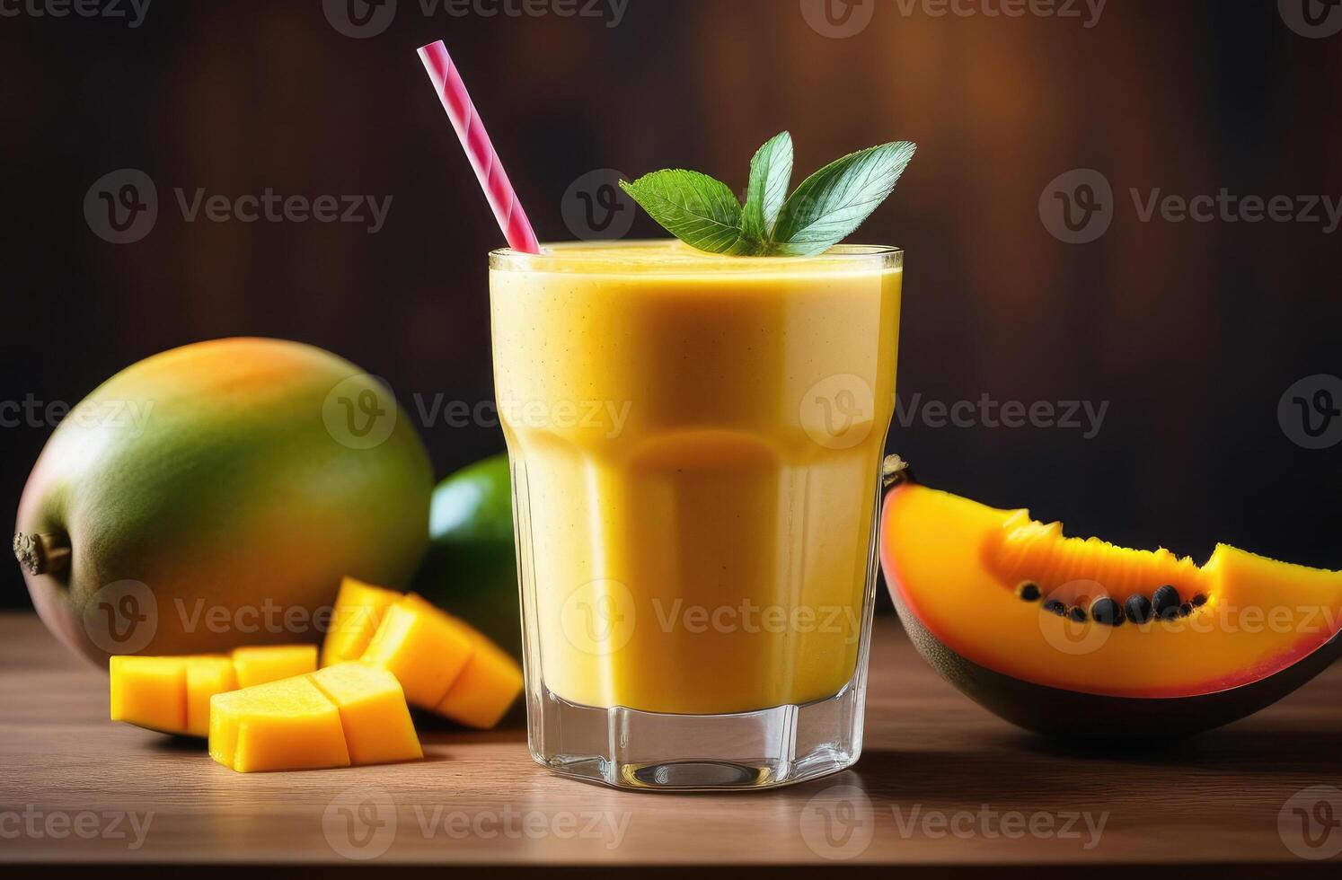 ai generato frullato con Mango e papaia, impostato su di legno tavolo. essenza di tropicale vacanza, gusto di Paradiso. ideale per viaggio opuscoli, cocktail menu, sociale media messaggi foto