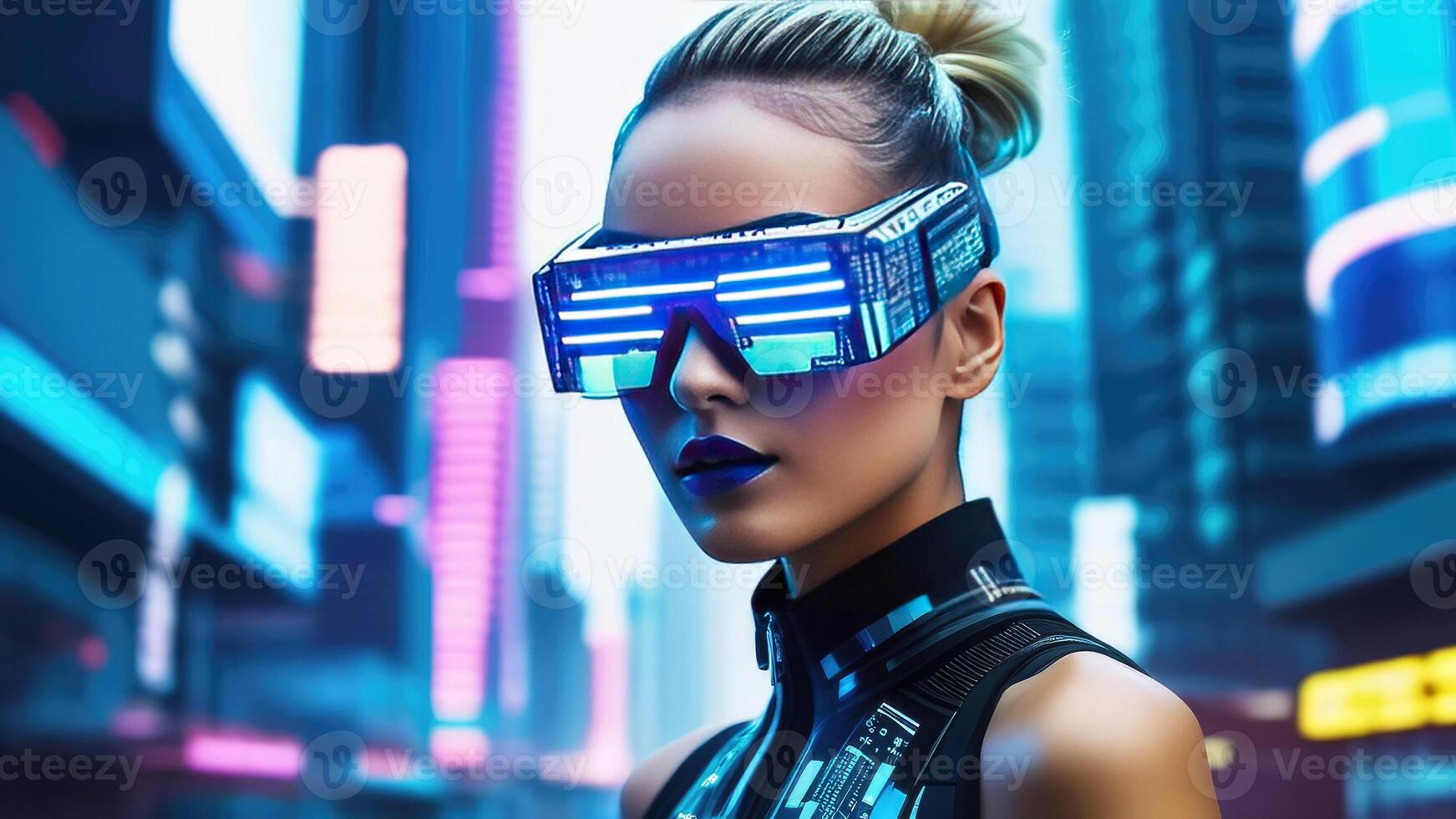 ai generato donna nel pixelated neon occhiali, Avanzate tecnologia e bellezza. futuristico cyberpunk paesaggio urbano. innovazione, futurismo, urbano Tech cultura nel digitale disegno, pubblicità, fantascienza progetti foto