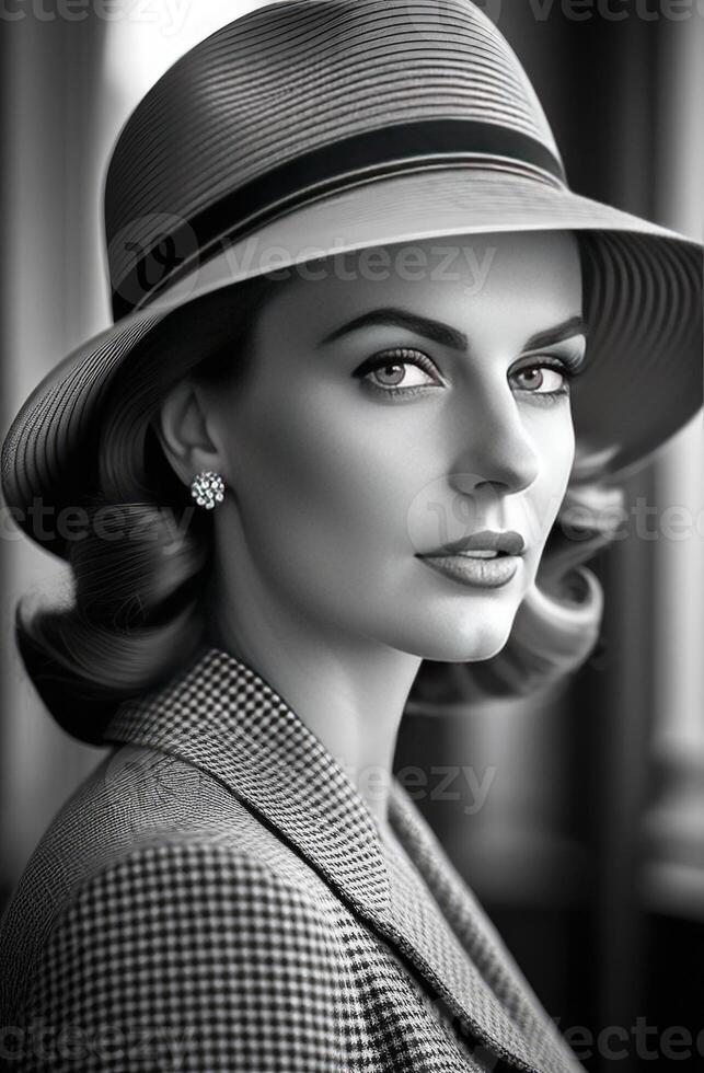 ai generato nero e bianca foto di bellissimo donna nel cappello, retrò Stile anni '40. senza tempo eleganza e Vintage ▾ fascino. ideale per nostalgico temi, moda retrospettive, o ispirato al periodo progetti