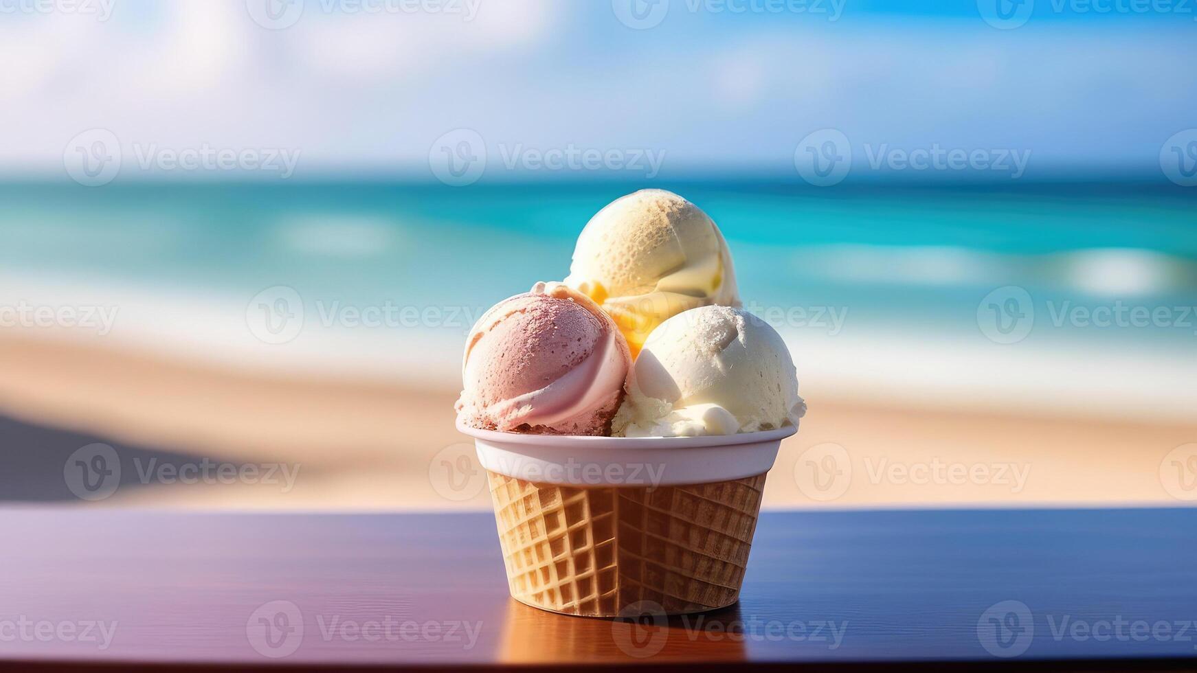 ai generato tazza di ghiaccio crema su spiaggia bar contatore, blu cielo, bianca oceanico sabbia, leggero sfocato sfondo, selettivo messa a fuoco, copia spazio foto