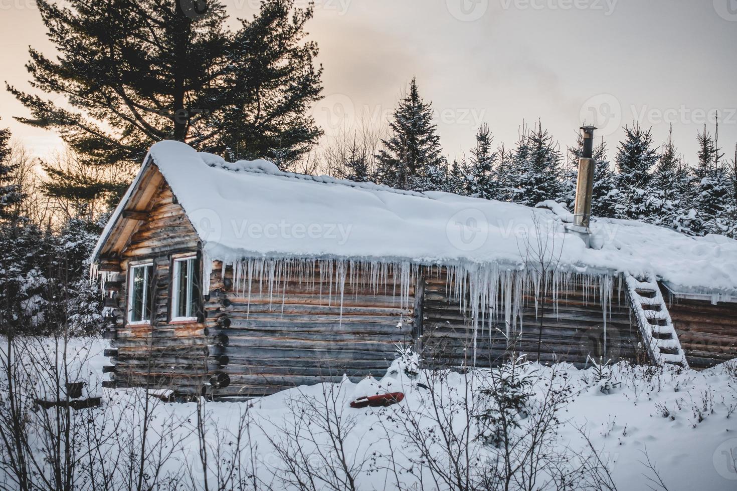 capanna canadese di tronchi rotondi durante l'inverno foto