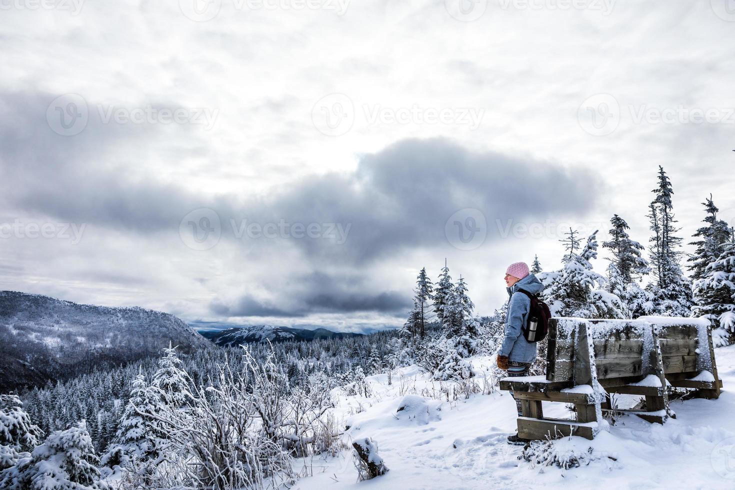 incredibile paesaggio invernale e osservatorio dalla cima della montagna in canada, quebec foto