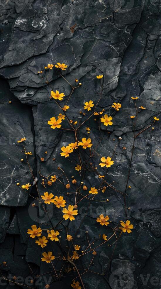 abbondanza di piccolo giallo fiori su buio pietra sfondo foto