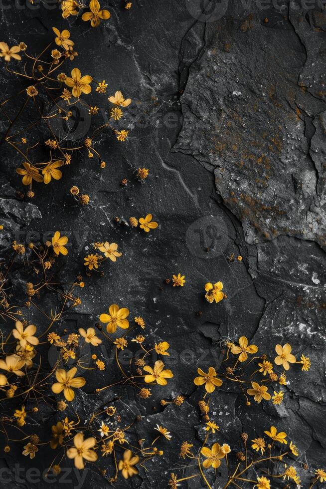 abbondanza di piccolo giallo fiori su buio pietra sfondo foto