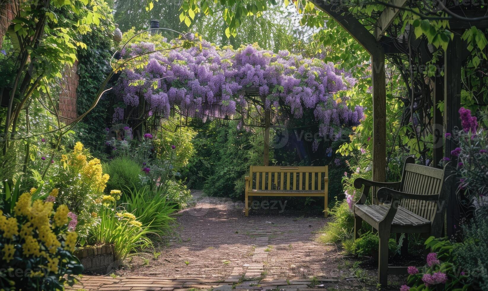 un' giardino panchina ornato con profumato di lillà cuscini foto