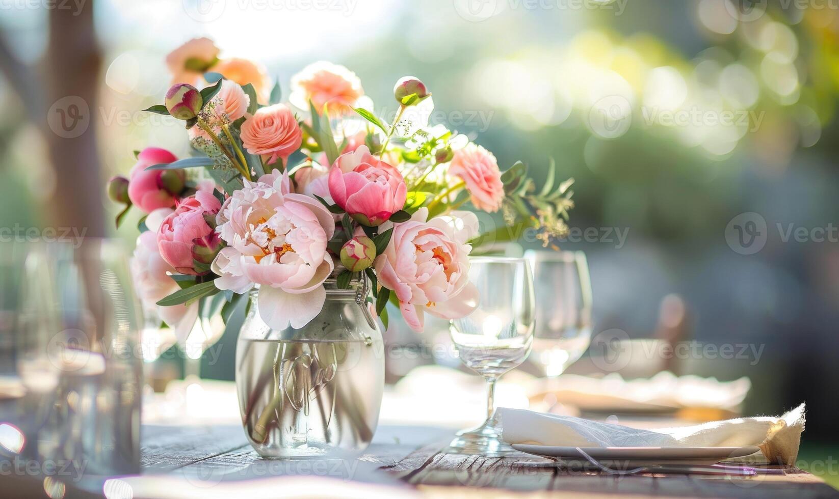 peonie disposte nel un' muratore vaso vaso per un' rustico elegante centrotavola foto