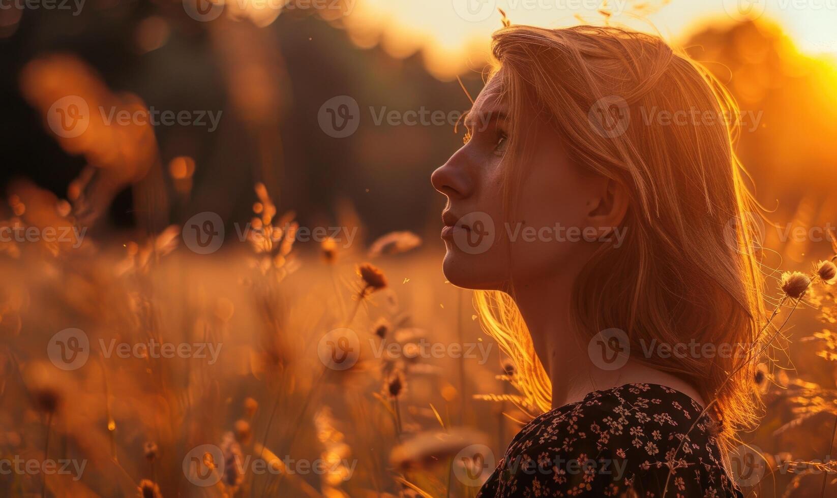 ritratto di giovane donna nel il campo nel tramonto leggero foto