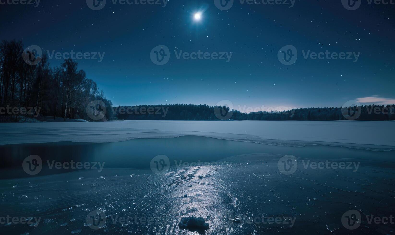 un' congelato lago bagnata nel il morbido splendore di il chiaro di luna foto