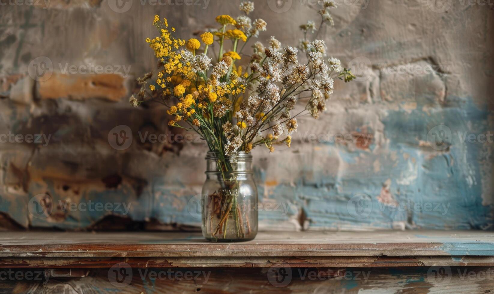 un' rustico mensola del camino ornato con un' muratore vaso pieno con mimosa rami foto