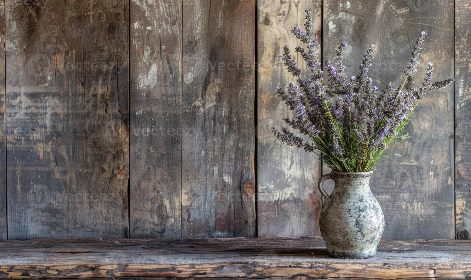 un' rustico di legno tavolo ornato con un' Esposto alle intemperie vaso pieno con fiori selvatici foto