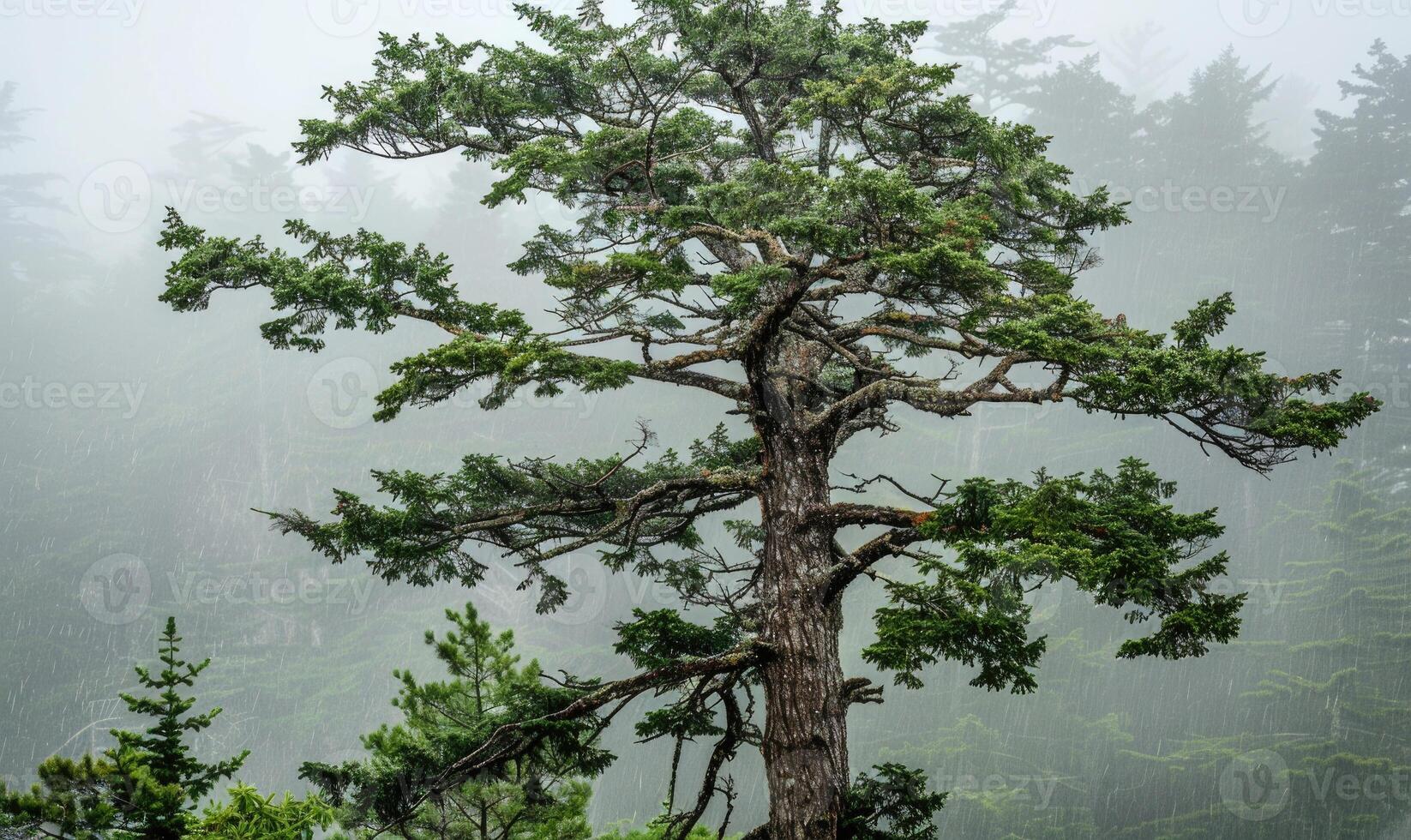 un' cedro albero in piedi alto nel un' nebbioso foresta, angolo Visualizza foto