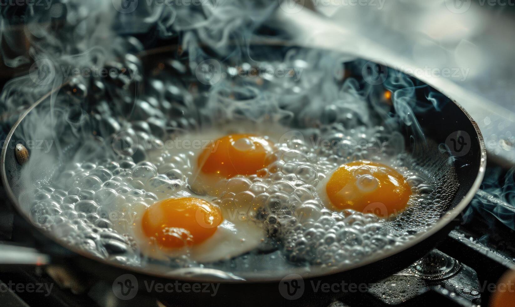 uova frittura nel un' frizzante padella, vicino su foto