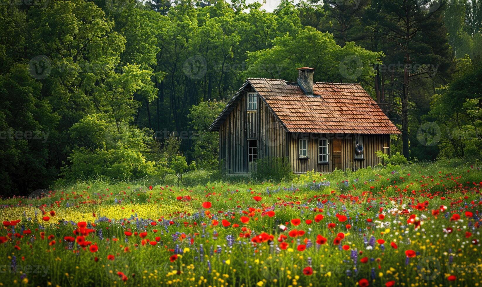 un' affascinante Villetta annidato in mezzo un' campo di primavera fiori selvatici foto