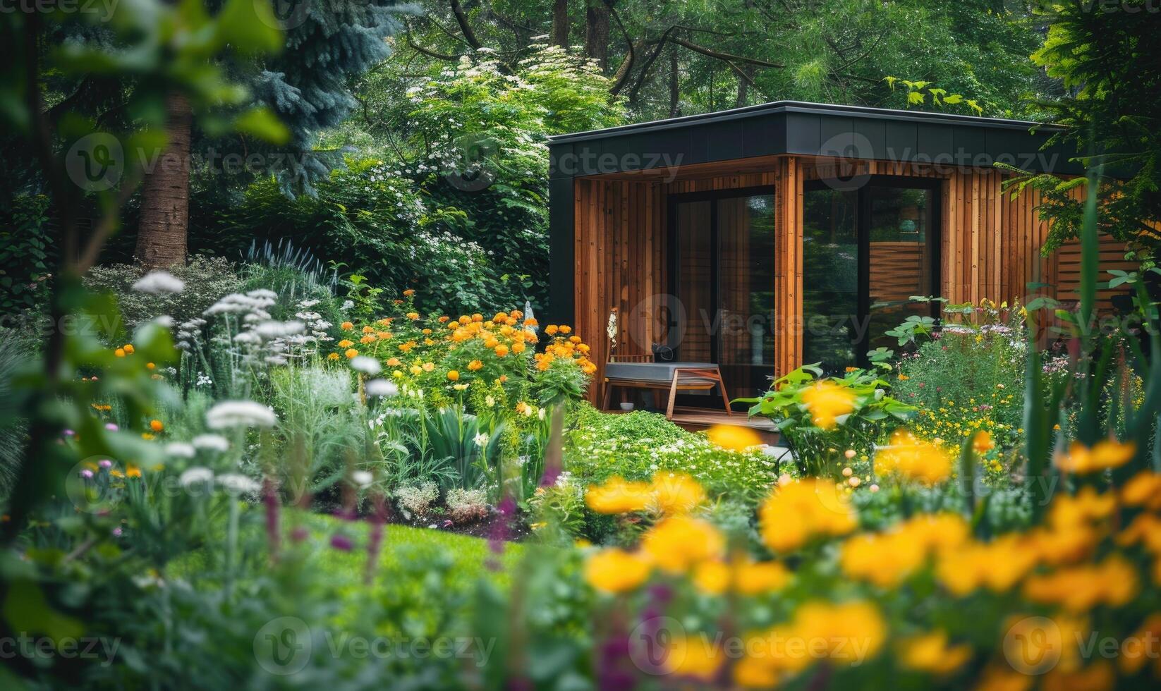 un' minimalista moderno di legno cabina circondato di un' varietà di primavera fiori e lussureggiante verde fogliame nel un' tranquillo giardino ambientazione foto