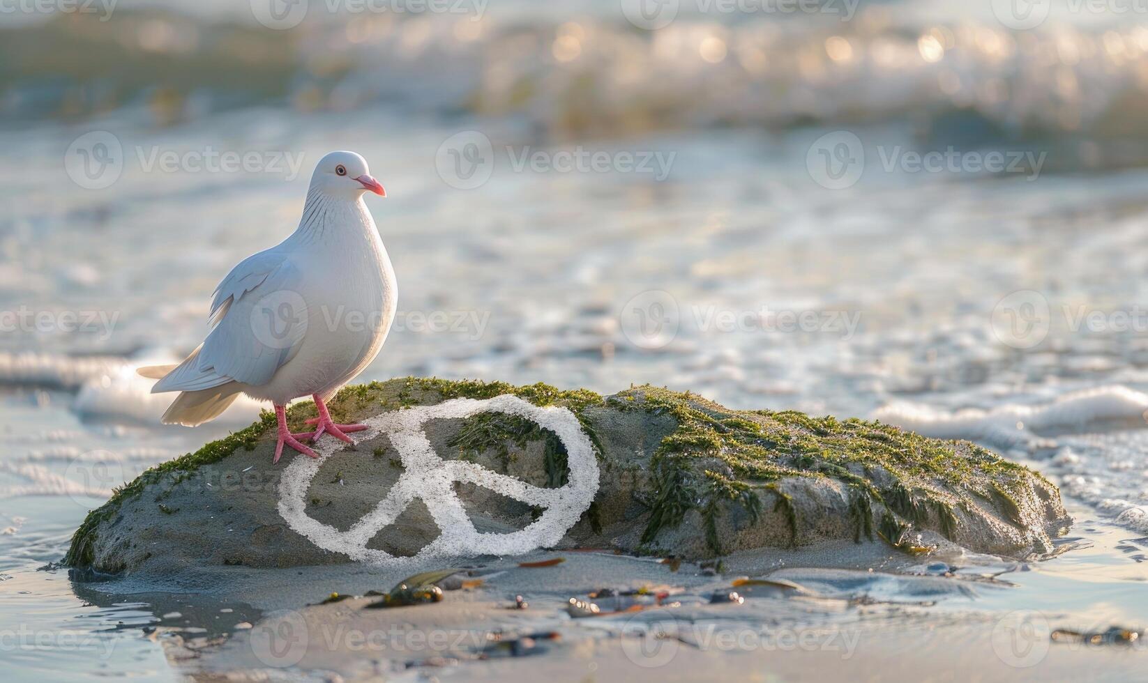 bianca Piccione in piedi su un' coperto di muschio roccia con un' pace simbolo disegnato nel il sabbia foto