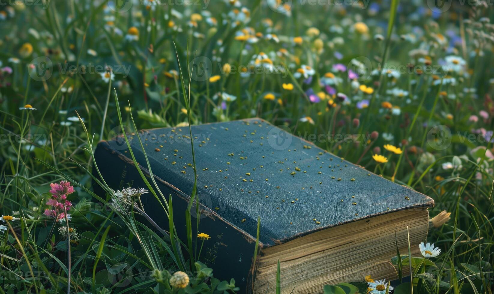 vecchio libro dire bugie su un' erboso poggio circondato di fiori selvatici foto
