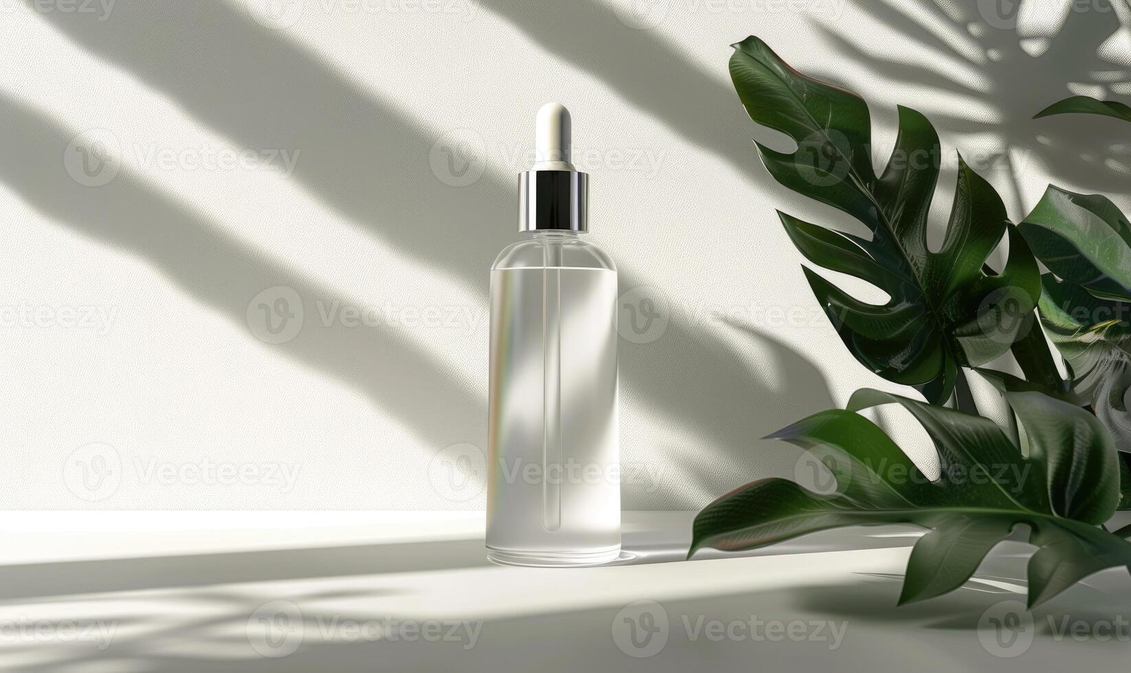 smerigliato bicchiere bottiglia modello in mostra un' lussuoso idratante facciale siero con un' elegante moderno design foto