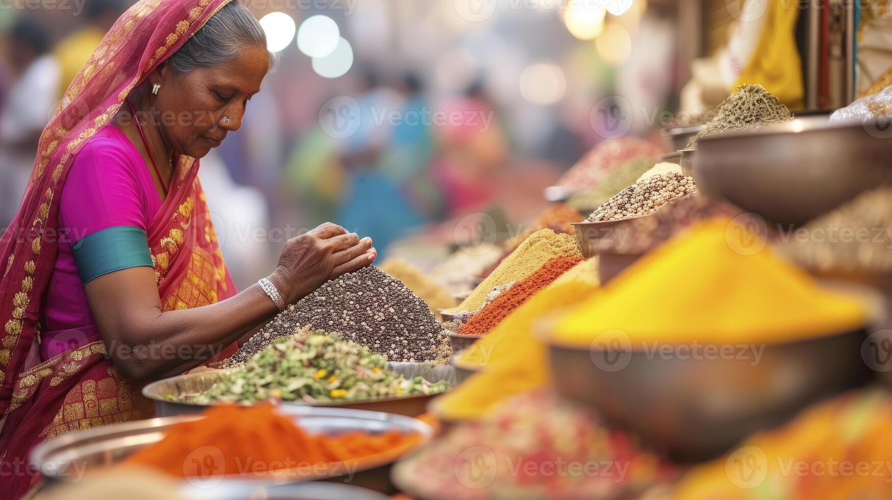 ai generato un' Sud asiatico donna nel un' colorato saree è vendita spezie nel un' affollato mercato nel mumbai foto