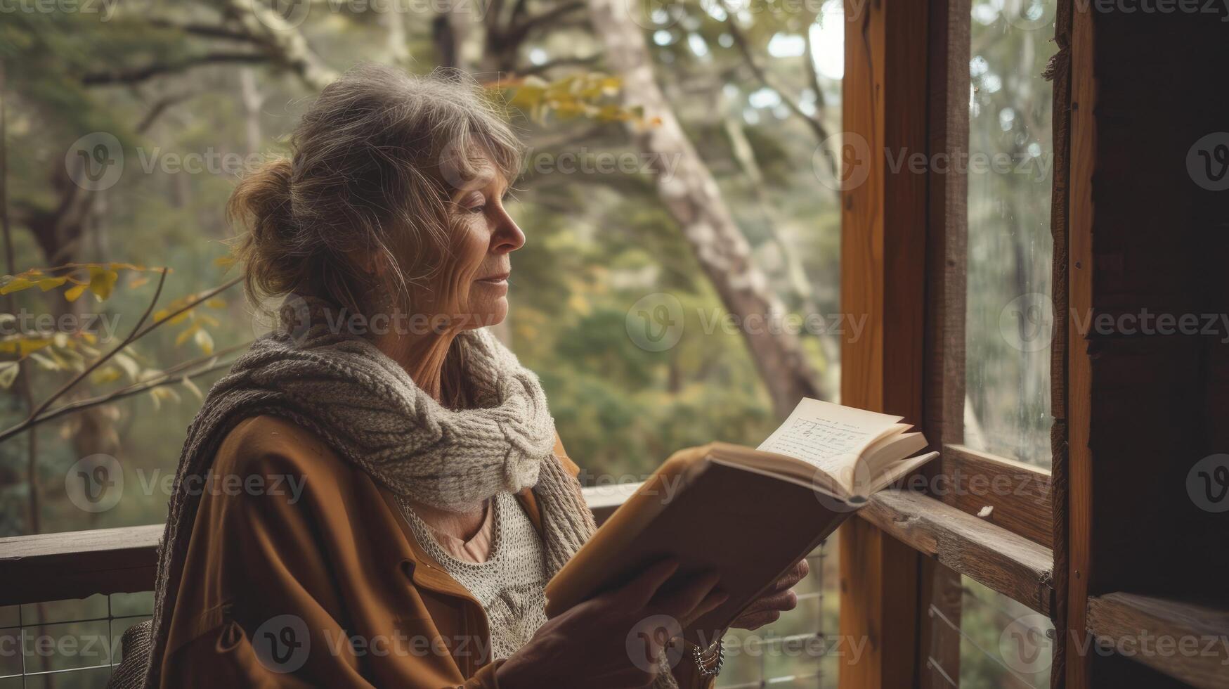 ai generato un' di mezza età donna a partire dal Oceania, con un' riflessivo espressione e un' romanzo, è scrittura un' libro nel un' cabina nel il boschi nel tasmania, Australia foto