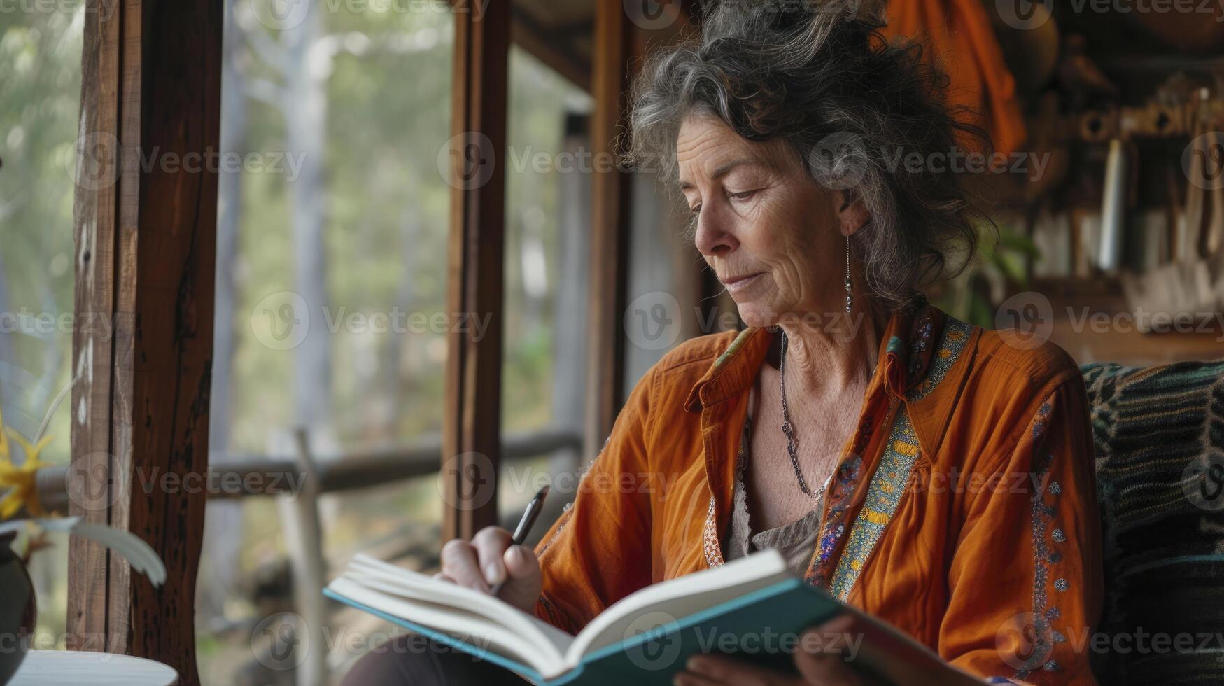 ai generato un' di mezza età donna a partire dal Oceania, con un' riflessivo espressione e un' romanzo, è scrittura un' libro nel un' cabina nel il boschi nel tasmania, Australia foto