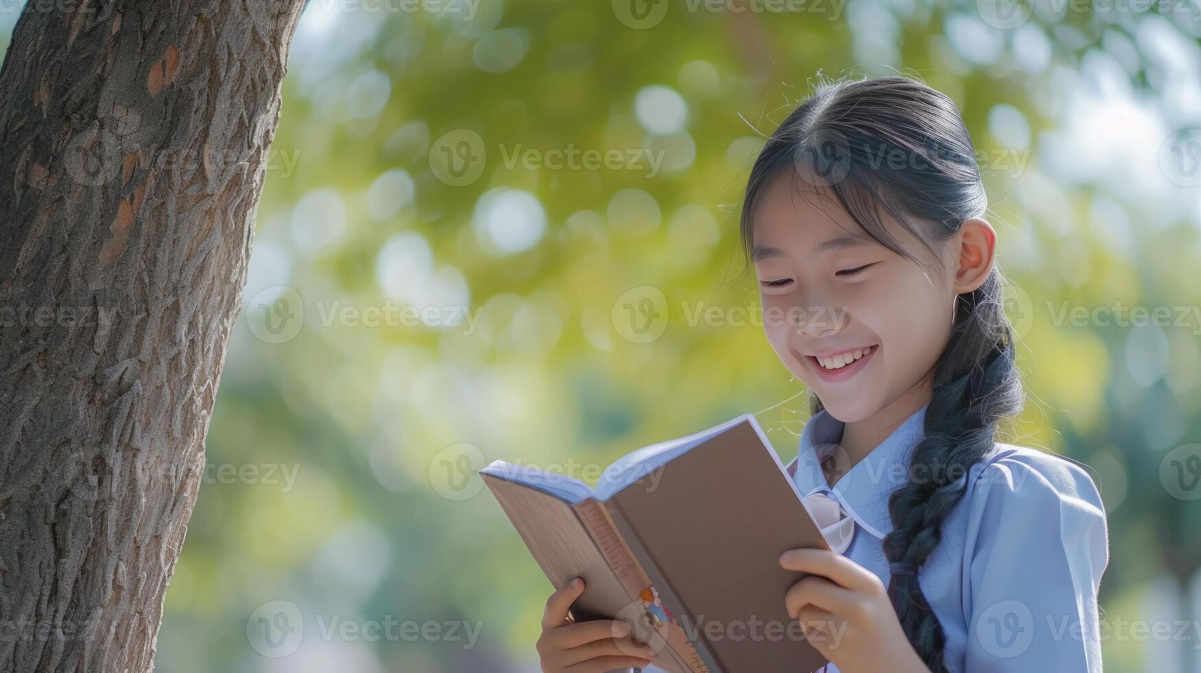 ai generato un' adolescenziale ragazza a partire dal sud-est Asia, con un' luminosa Sorridi e scuola uniforme, è lettura un' libro sotto un' albero nel Vietnam, foto