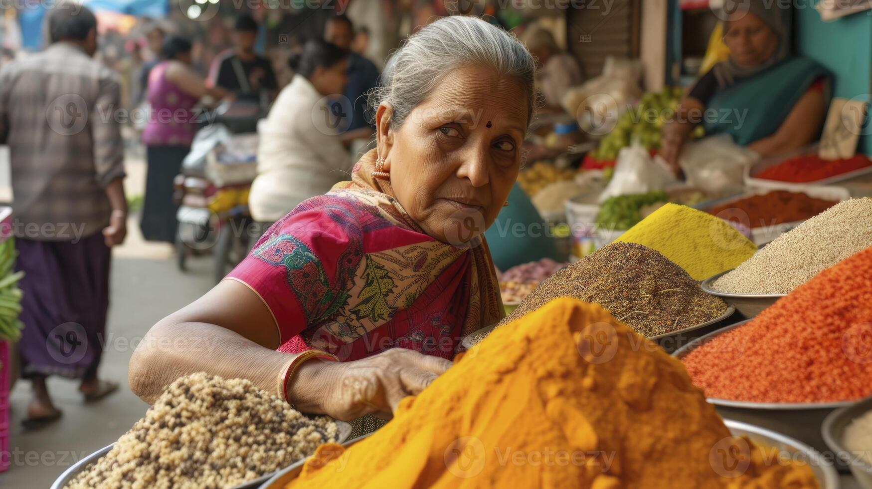 ai generato un' Sud asiatico donna nel un' colorato saree è vendita spezie nel un' affollato mercato nel mumbai foto