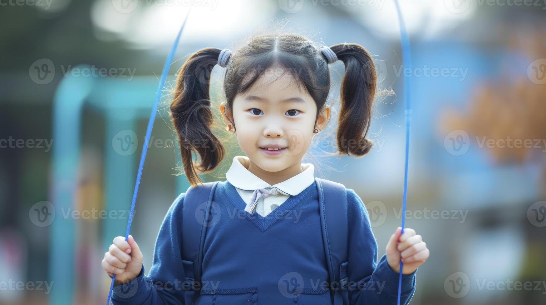 ai generato un' giovane ragazza a partire dal est Asia, con trecce e un' scuola uniforme, è giocando con un' saltare corda nel un' cortile della scuola nel seoul, Sud Corea foto