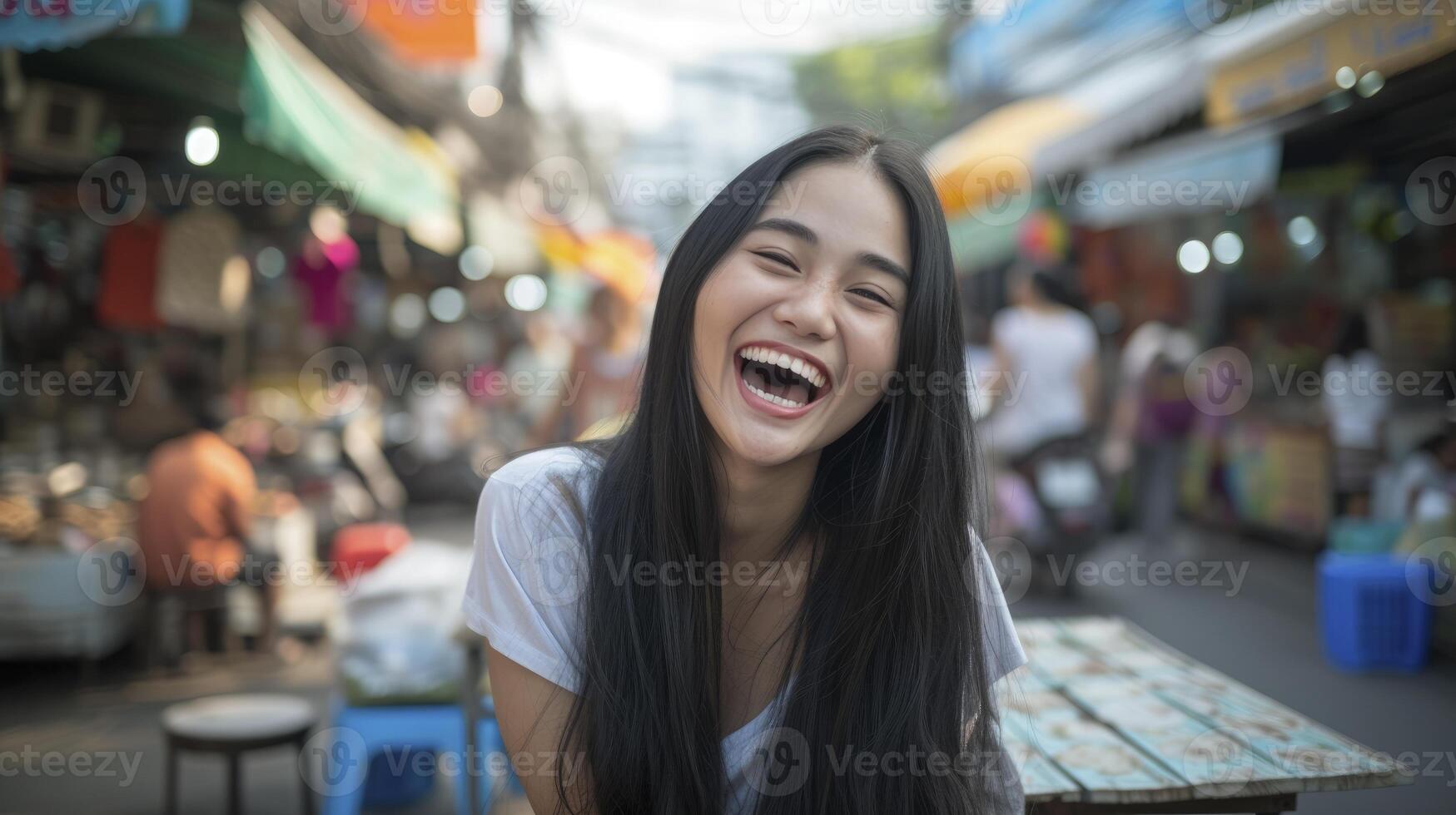 ai generato un' giovane asiatico donna nel sua presto anni '20, con lungo nero capelli e a forma di mandorla occhi, è ridendo di cuore mentre seduta nel un' vivace strada mercato nel bangkok foto