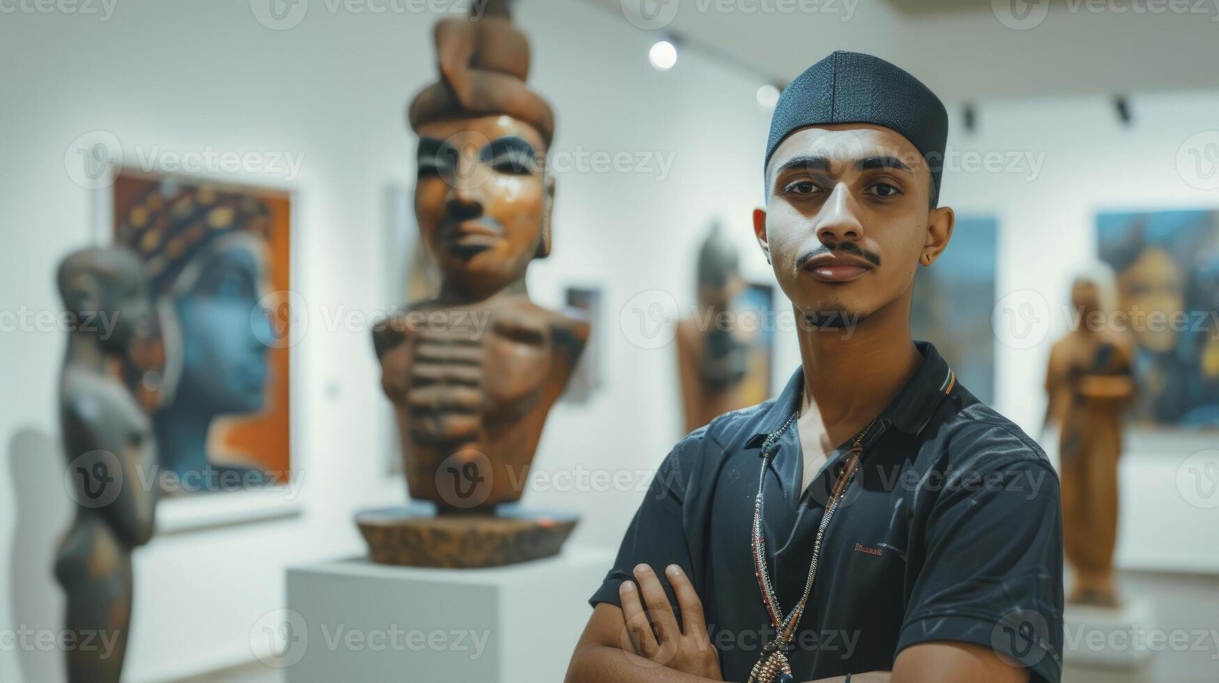 ai generato un' giovane uomo a partire dal il mezzo est, con un' orgoglioso espressione e un' pezzo di scultura, è in mostra il suo opera nel un arte galleria nel dubai, Emirati Arabi Uniti foto