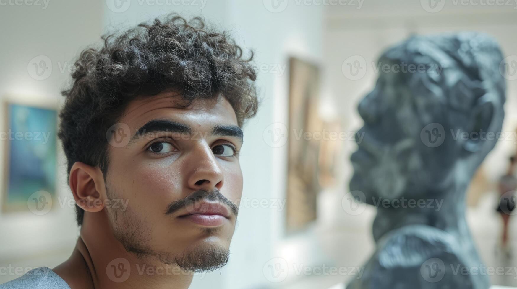 ai generato un' giovane uomo a partire dal il mezzo est, con un' orgoglioso espressione e un' pezzo di scultura, è in mostra il suo opera nel un arte galleria nel dubai, Emirati Arabi Uniti foto